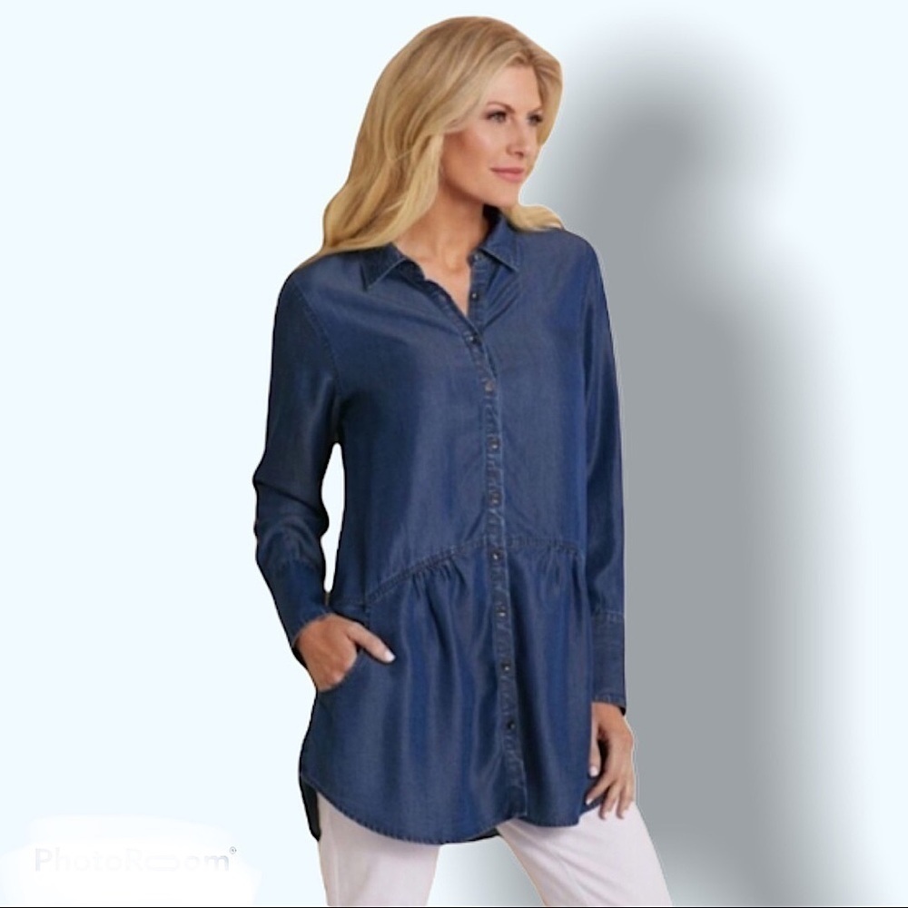 SOFT Surroundings Blue Tencel Hi Lo Button Front Tunic Top Size XS